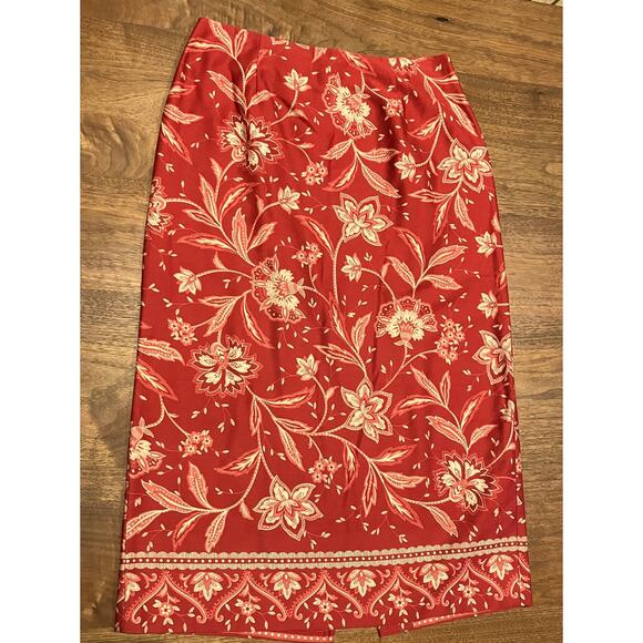 Talbots Petite 12 Red Floral Cotton Skirt Made in USA Lined Back Vent Chic Midi - Picture 1 of 10